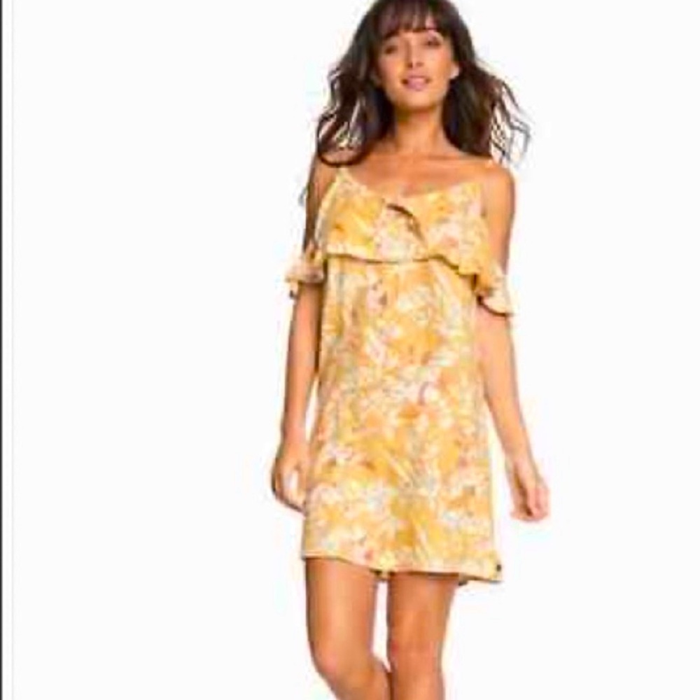 Roxy Still Waking Up Strappy Floral Boho Sundress Mini Dress Yellow Tie Front